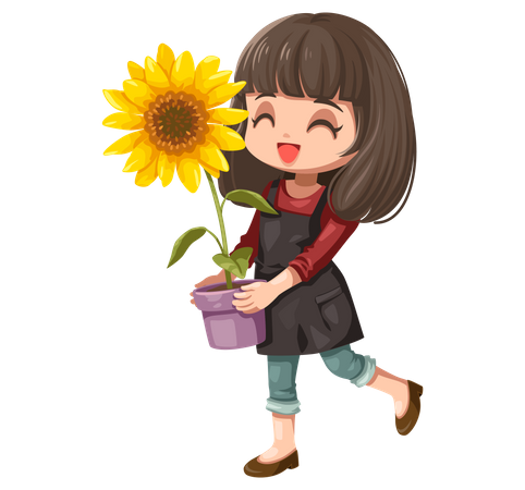 Girl holding sunflower pot  Illustration