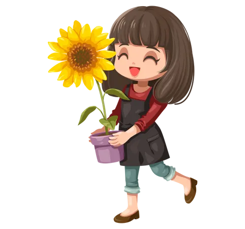 Girl holding sunflower pot  Illustration