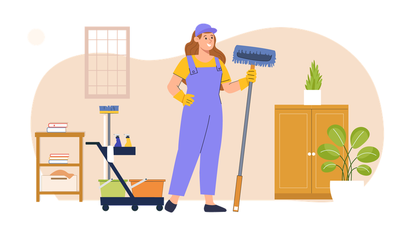 Girl housekeeping worker mopping the floor  Illustration