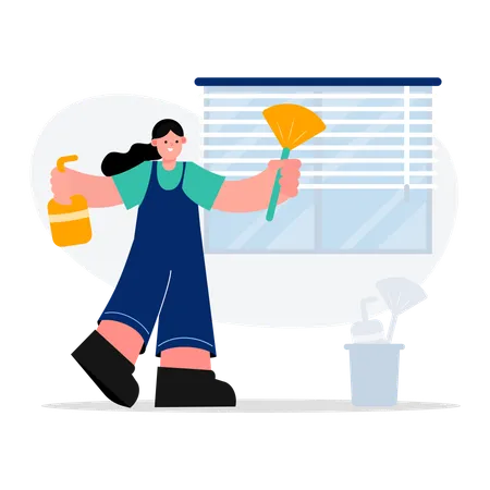 Girl housekeeping worker windows clean service  Illustration