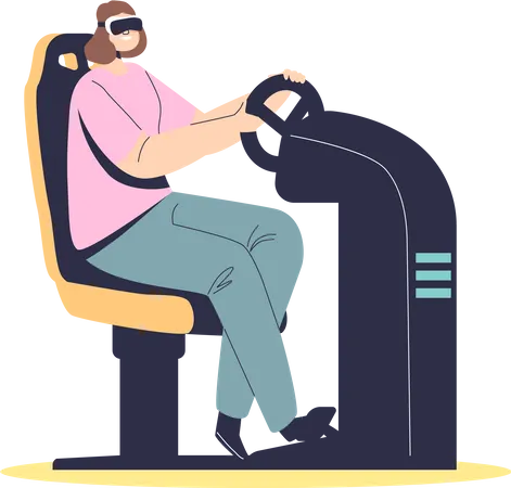 Girl in vr glasses gaming using steering wheel joystick pad  Illustration