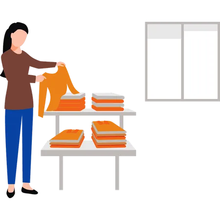 Girl is arranging clothes in rack  Illustration