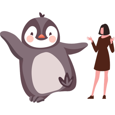 Girl is having fun with penguin  イラスト