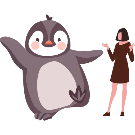 Girl is having fun with penguin  イラスト