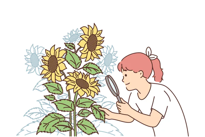 Girl is looking at sunflowers through magnifying glass  Illustration