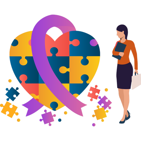 Girl is looking at the autism ribbon puzzle  Illustration