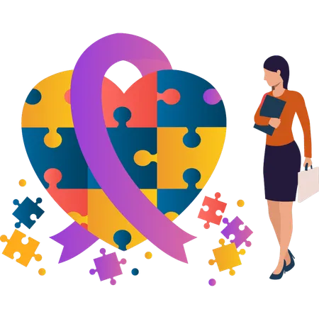 Girl is looking at the autism ribbon puzzle  Illustration