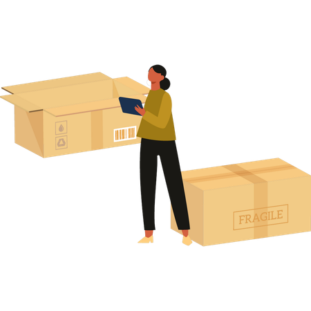 Girl is mentioning fragile boxes  Illustration