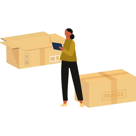 Girl is mentioning fragile boxes  Illustration