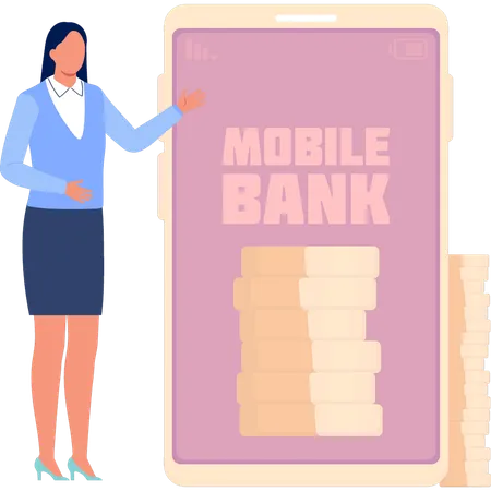 Girl is pointing to the mobile bank  Illustration