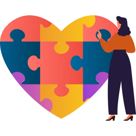 Girl is solving heart shaped autism puzzle  Illustration