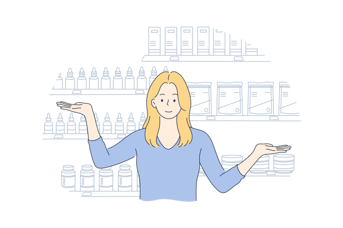 Girl is standing at pharmacy store  Illustration