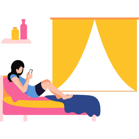 Girl is using phone in bed  Illustration