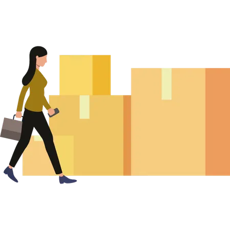 Girl is walking towards boxes  Illustration