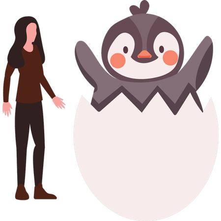 Girl is watching penguin hatched from an egg  イラスト