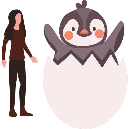 Girl is watching penguin hatched from an egg  イラスト