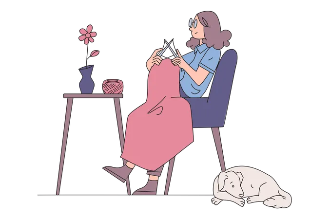 Girl knitting cloth  イラスト