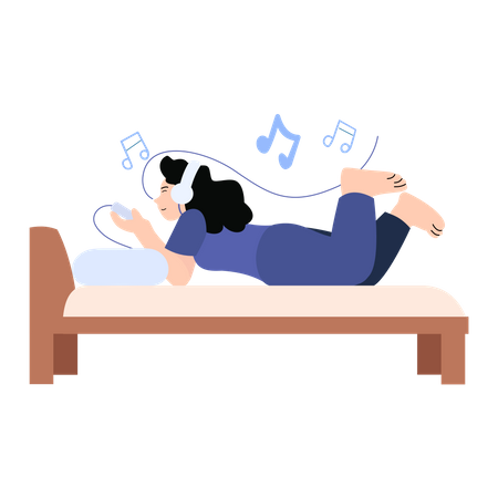 Girl listening music while lying in bed  イラスト