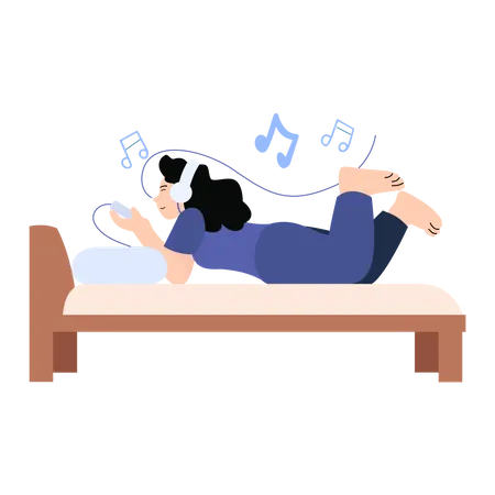 Girl listening music while lying in bed  イラスト