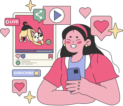 Girl live on social media site while showing dog video  Illustration