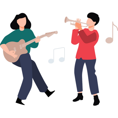 Girl playing guitar and boy playing trumpet  Illustration