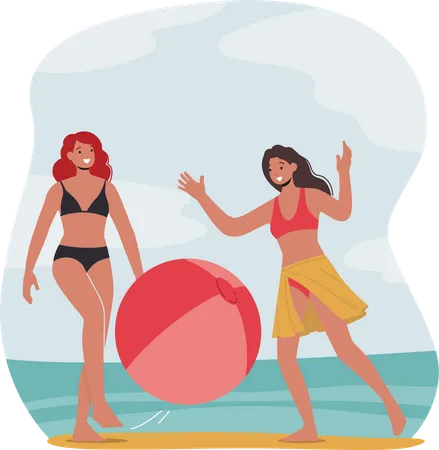 Girl playing with ball at beach  Illustration