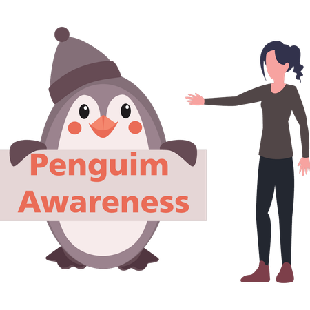 Girl pointing towards penguin awareness board  イラスト