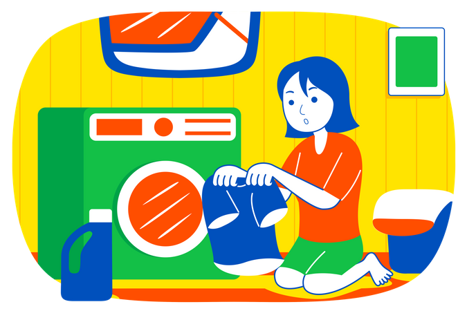 Girl putting clothes in washing machine  Illustration