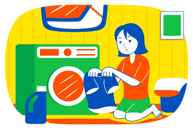 Girl putting clothes in washing machine  Illustration