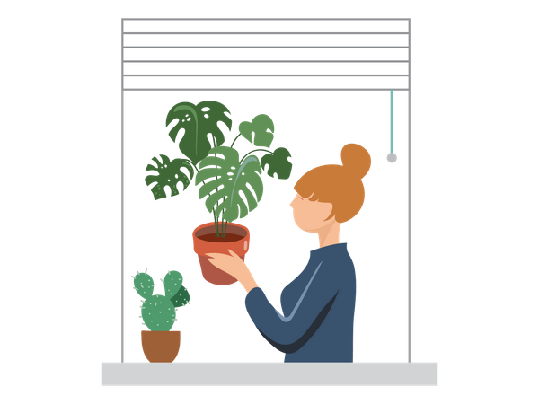 Girl putting plant pot in window  Illustration