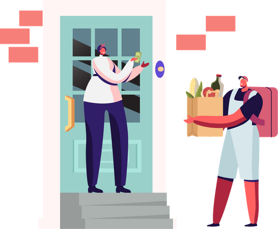 Girl receiving Grocery delivery and paying via cash  Illustration