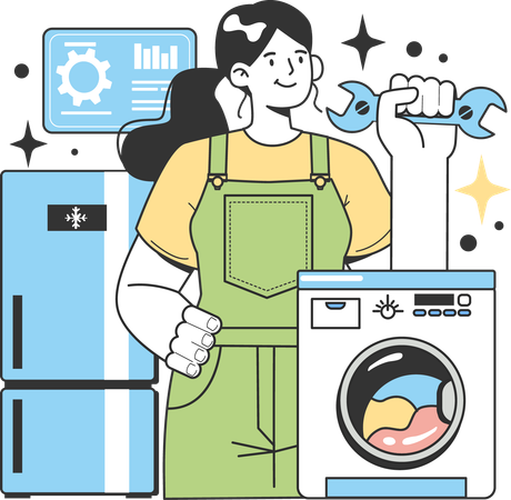 Girl repairing washing machine  일러스트레이션