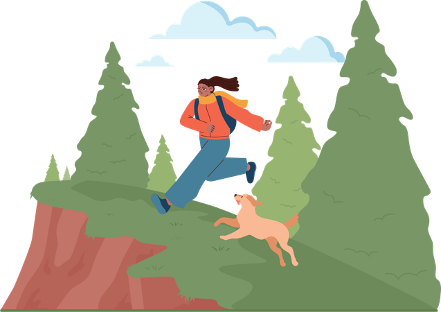 Girl running and reached at montain top point  Illustration