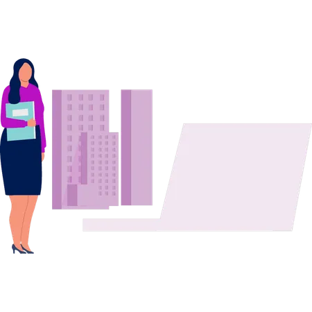 Girl showing about building on laptop  Illustration