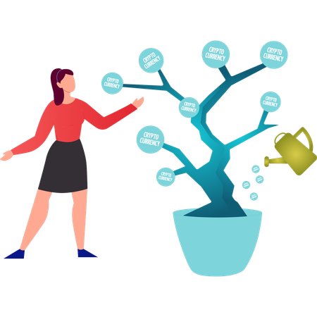 Girl showing cryptocurrency tree  イラスト