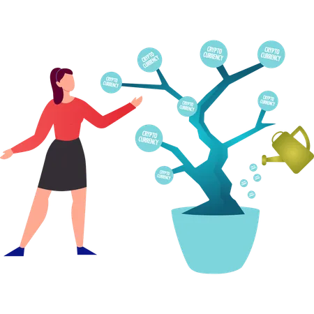 Girl showing cryptocurrency tree  イラスト