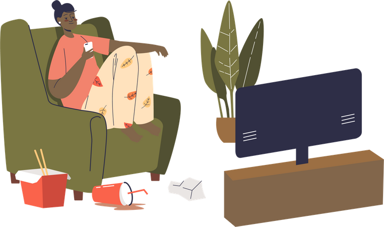 Girl sitting on sofa with smartphone watching tv and eating food from delivery during weekend  Illustration