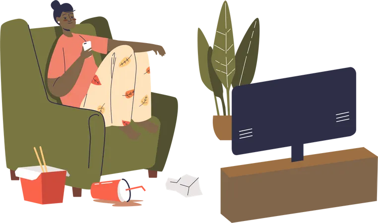 Girl sitting on sofa with smartphone watching tv and eating food from delivery during weekend  Illustration