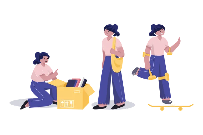 Girl skating and arranging books  Illustration