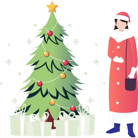 Girl standing near Christmas tree  일러스트레이션