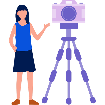 Girl standing next to  camera tripod  일러스트레이션