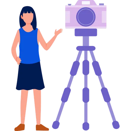 Girl standing next to  camera tripod  일러스트레이션