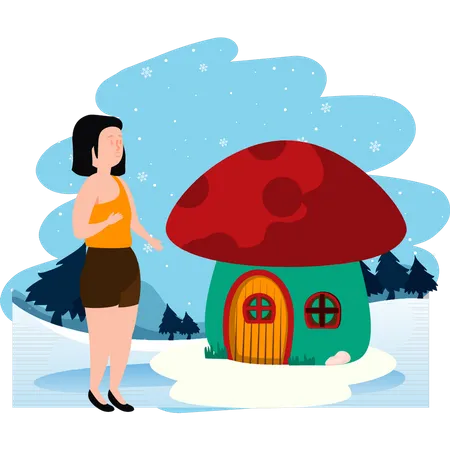 Girl standing outside mushroom house  일러스트레이션