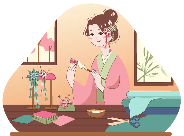 Girl sticking flower  Illustration