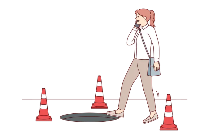 Girl strolling in construction zone while talking on her phone  イラスト