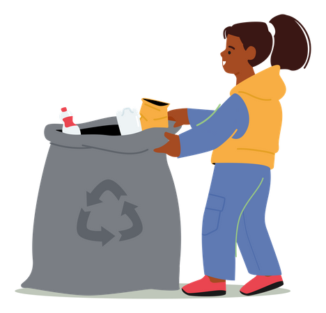 Girl Throw Garbage Into Sack  Illustration