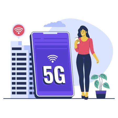 Girl use 5G network technology  일러스트레이션