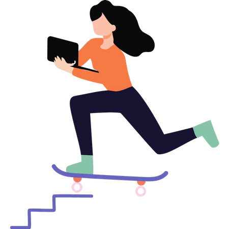 Girl using laptop while skating  イラスト