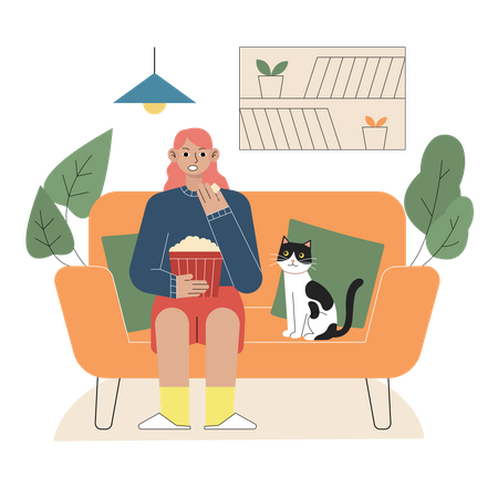 Girl watching movie with pet cat at home  Illustration