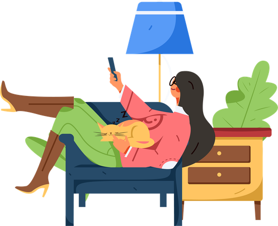 Girl watching tv while cat sleeping in lap  Illustration